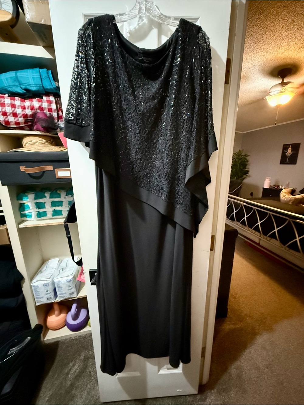 R&M Richards Black Sequin Capelet Maxi Dress